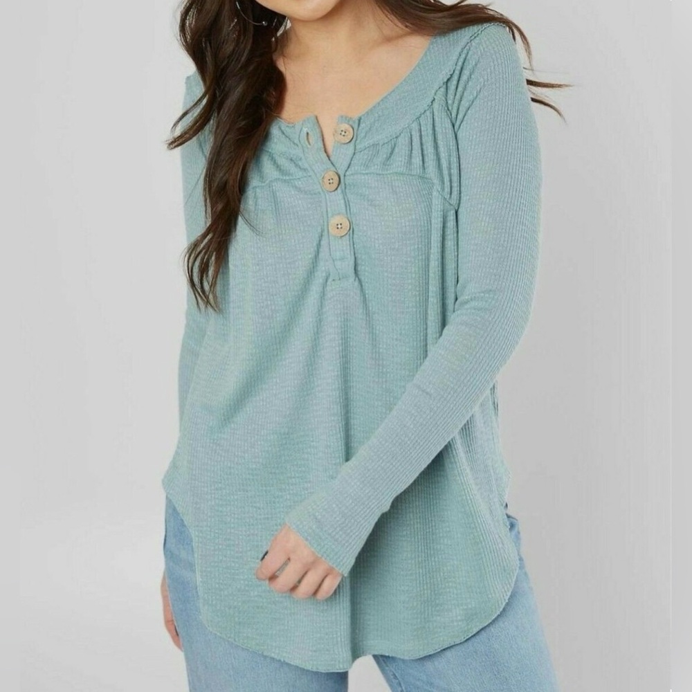 Free People We the Free Must Have Henley Waffle Aqua blue Long Sleeve size large